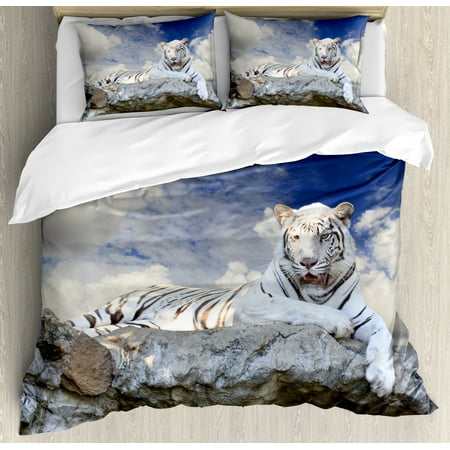 What Comes In A Duvet Set Tiger Duvet Cover Set, Bengal Hunter Surveying What is Beneath It from Top White Large Feline, Decorative Bedding Set with Pillow Shams, Eggshell Sky Blue White, by Ambesonne ()