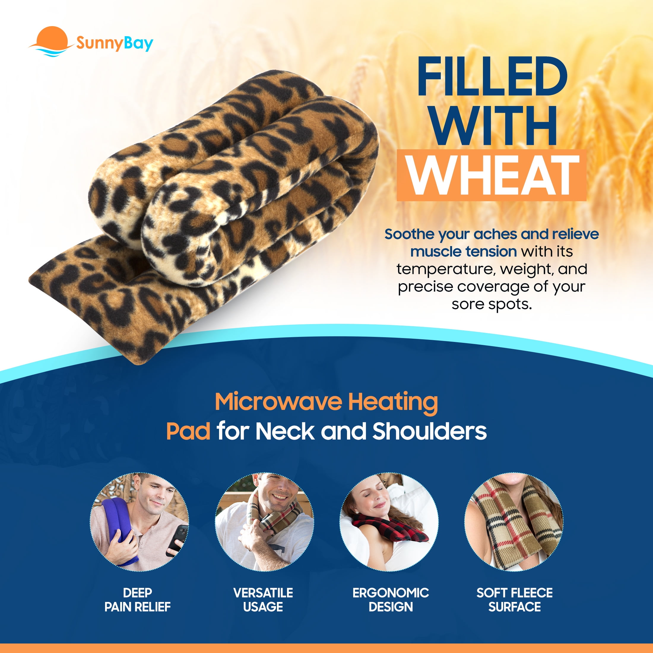Microwavable Neck Heating Wrap, Wheat Filled, 26"x5", Leopard Skin Print
