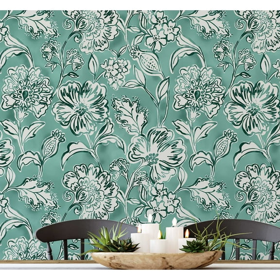 S4Sassy Peel and Stick Wall Covering, Garden Floral Removable Wall Wrap - Asian Style Textured Mural, Instant for Bathroom, Laundry Room, Closet - Self-Adhesive Wallpaper Vinyl - Green, 25"x60"