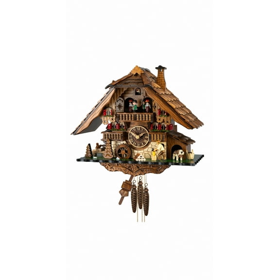 Cuckoo Clock Black Forest house with moving wood chopper and mill wheel