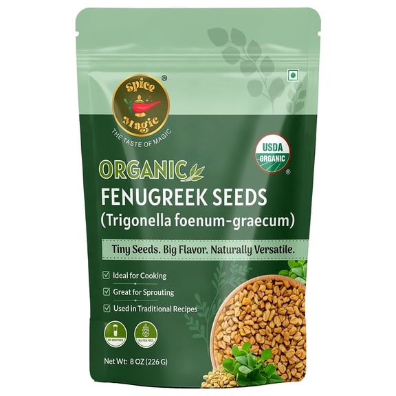 Spice Magic Organic Fenugreek Seeds 8 oz (226g), USDA Organic Whole Methi Seeds, Lab Tested, Resealable Pouch, Semillas de Fenogreco