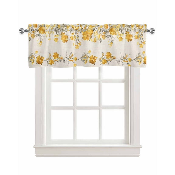 Yellow Grey Spring Floral Linen Curtain Valance for Bedroom/Bathroom/Kitchen/Office/Living/Dining Room Window,Summer Botanical Pastoral Rustic Rod Pocket Topper Decorative Cafe Drapes Panel 54"x18"
