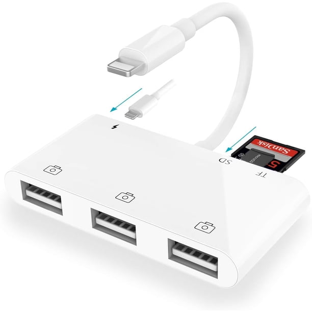 Adaptador de lector de tarjetas SD para iPhone, adaptador de cámara USB 6 en 1 para iPhone con 3 cables USB, lector de tarjetas SD/TF y puerto de carga, adaptador USB hembra OTG para iPhone 14 12 13 1