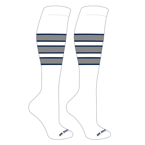 MK Socks Striped Knee High Baseball, Football Socks (C) White, Navy, Grey (XS)
