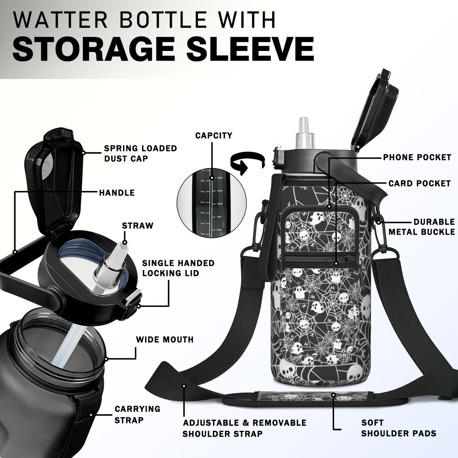 Retro Horror 64oz Water Bottle with Adjustable Sleeve - Scary Skull & Spider Design Fitness Bottle with Straw for Gym & Camping