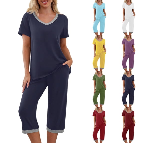 NominalSnug Womens Pajamas Set Short Sleeve Top and Capri Pants Lightweight Sleepwear Comfy Pjs Lounge Set with Pockets