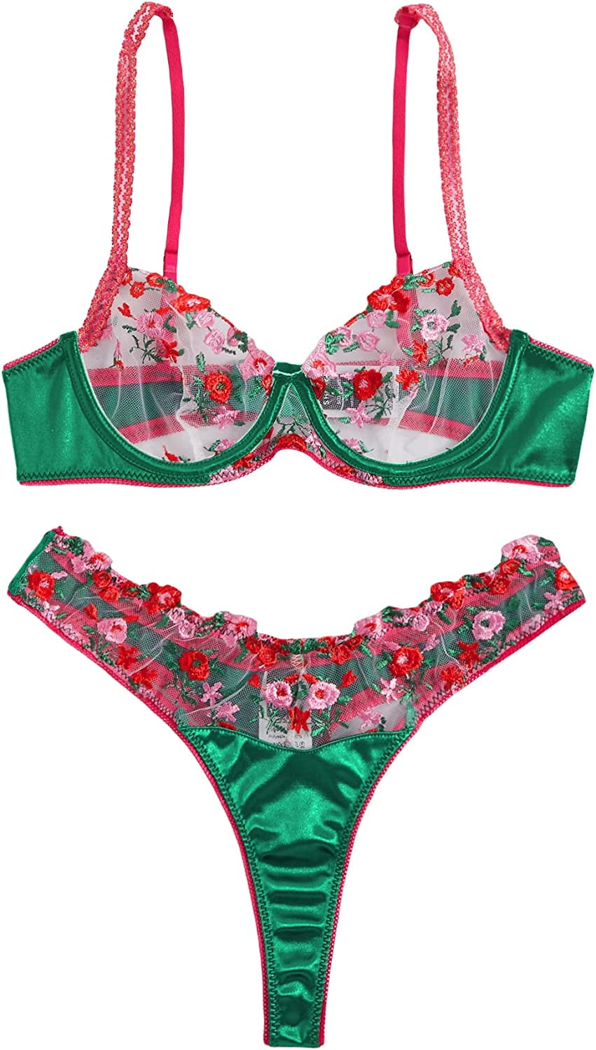 SOLY HUX Women's Sexy Sheer Mesh Floral Embroidery Lingerie Set Bra and