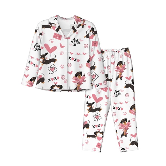 Pajamas for Women Set - Dachshund Dog Puppy Pink Love Comfy Long Sleeve Button Up Pajama Sets for Women 2 Piece, Soft Sleepwear Nightwear Pjs Lounge Sets for Women with Pockets