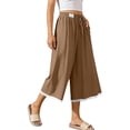 thumbnail image 2 of Cagogo Women Wide Leg Capri Pants Summer Casual Cotton Linen Loose Elastic High Waisted Palazzo Pants with Pockets Flowy Beach Lounge Trousers Boho Vacation Wear, Khaki L, 2 of 8