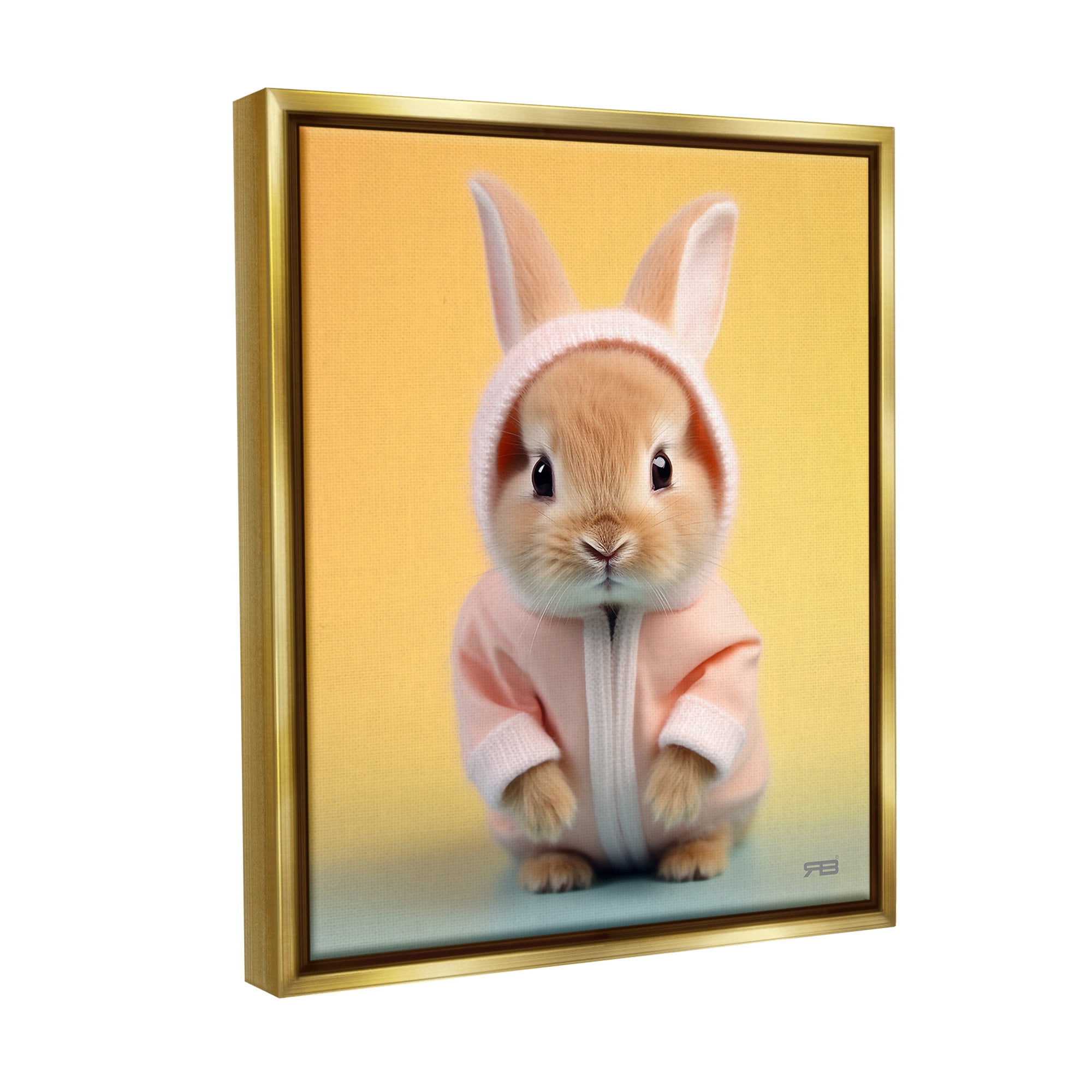 Stupell Industries Cozy Bunny on Yellow Animals & Insects Painting Gold Floater Framed Canvas Art Print Wall Art, 17 x 21
