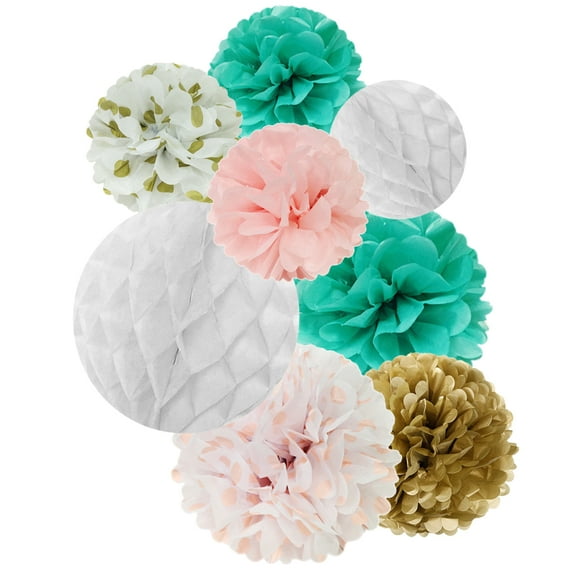 Wrapables® Set of 8 Tissue Honeycomb Ball and Pom Pom Party Decorations for Weddings, Birthday Parties Baby Showers and Nursery Décor, Aqua/ Light Pink/ Gold/ White
