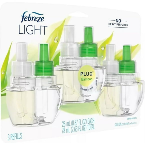 Febreze Odor-Fighting Air Freshener, Room Fresheners, Air Effects, Air Freshener Refills, Fade Defy Plug Air Freshener Technology - (1 Pack) contains (3) of 0.87 fl oz Refills (Bamboo), Clear