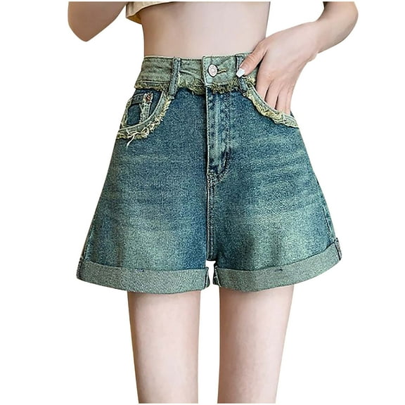 Athletic Shorts Women's Stretchy Wide Leg Jean Shorts,High Waisted Rolled Jean Short Pants with Pockets 2025 Trendy Clothes Blue L
