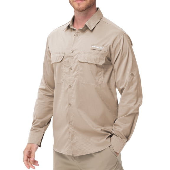 Zehisen Men's Fishing Shirt Long Sleeve UPF 50  Sun Protection Quick Dry Cooling Shirt for Hiking Camping Safari Outdoor Travel Khaki L