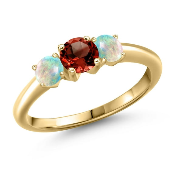 Gem Stone King 10K Yellow Gold Red Garnet and Simulated White Opal Engagement Ring for Women | 1.05 Cttw | Round 5MM | Gemstone January Birthstone | Size 7