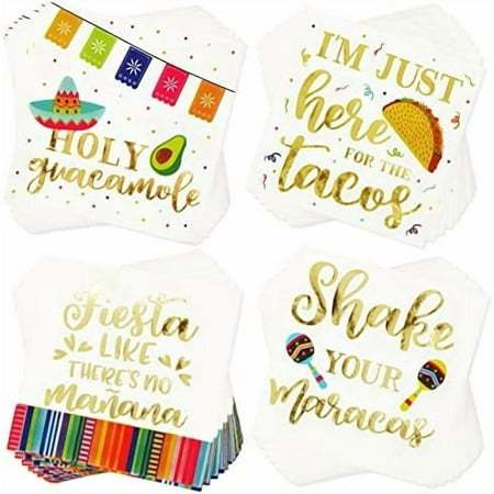 100 Pack Mexican Fiesta Napkins for Cinco de Mayo Party Supplies, Taco Fiesta Decorations in 4 Designs (5x5 In)