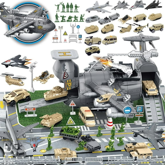 Frontoytall Military Building Set: 48-Pc Stem Playset w/Jumbo Cargo Plane, Army Vehicles & Soldiers - Kids Ages 3-12 (ASTM Certified)