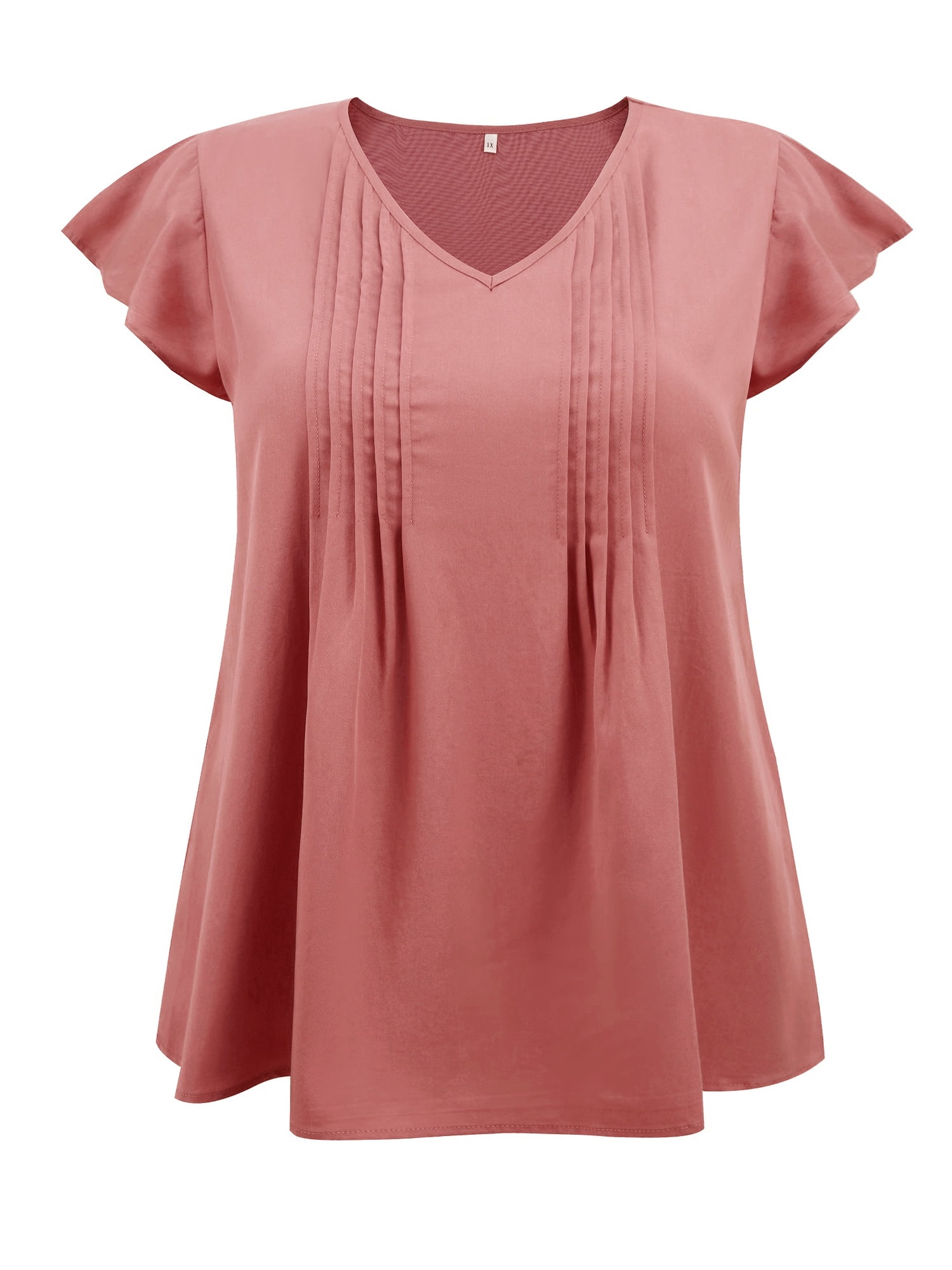 DARING DIVA Women's Plus V Neck Ruffle Short Sleeve Blouse 2X Coral Red
