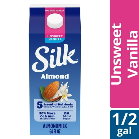 Silk Dairy Free, Gluten Free Unsweet Vanilla Almond Milk, Plant Based Milk Half Gallon, 64 fl oz