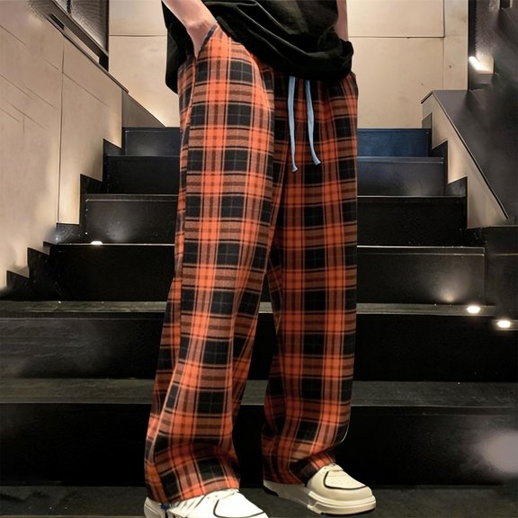 Men's Plaid Pants Baggy Drawstring High Waisted Vintage Lounge Pants Casual Loose Fit Wide Leg Pant with Pockets