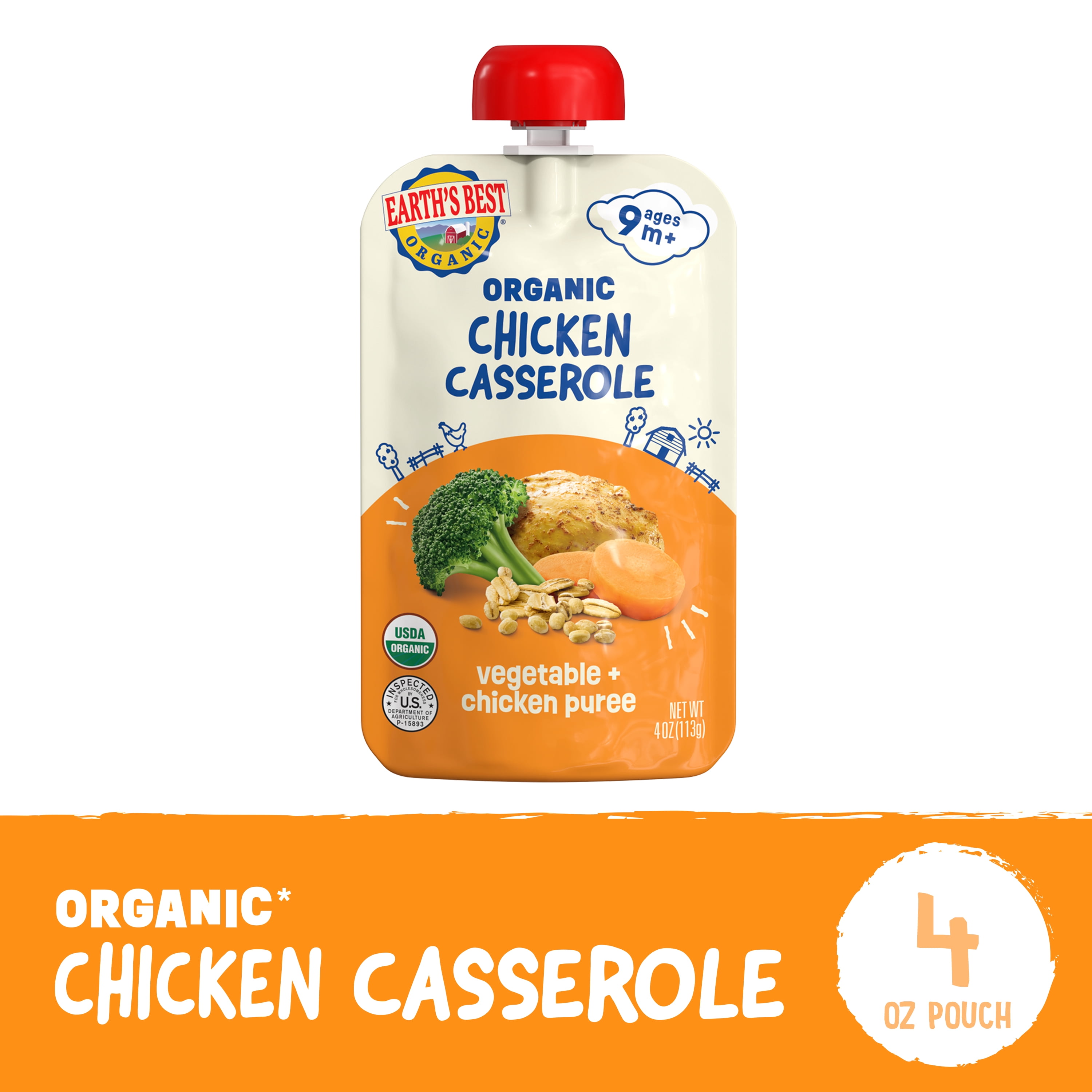 (3 pack) Earth's Best Organic Stage 3 Baby Food, Chicken Casserole Protein & Veggie Puree, 4 oz Pouch