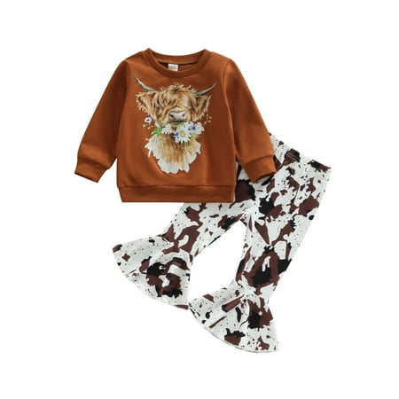 

Western Baby Girl Clothes Bell Bottom Outfit Cow Print Long Sleeve Sweatshirt Top Flare Pants Set 2Pcs Fall Outfits