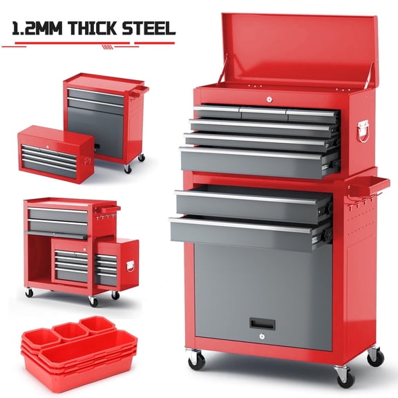 AIRAJ 42" 8-Drawer Rolling Tool Chest, High-Visibility Red Heavy Duty Metal Tool Box with Wheels, 550lbs High Capacity Storage Cabinet, Removable Lid & Side Hooks for Mechanics & DIYers