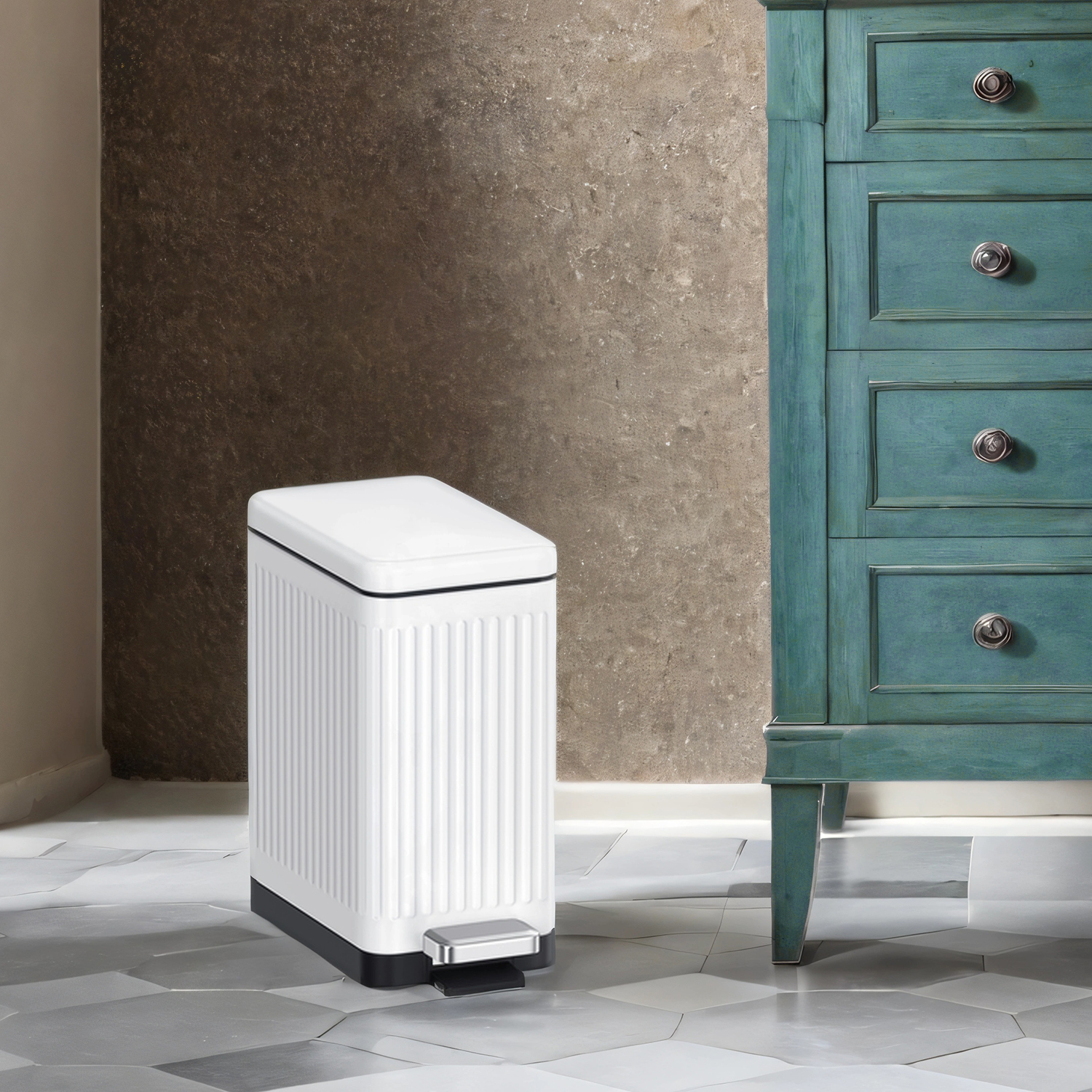 LEDREM Slim Bathroom Trash Can with Lid , 2.6 Gallon Soft-Close Step Trash Bin , Fluted Design for Small Spaces - Stainless Steel ,White