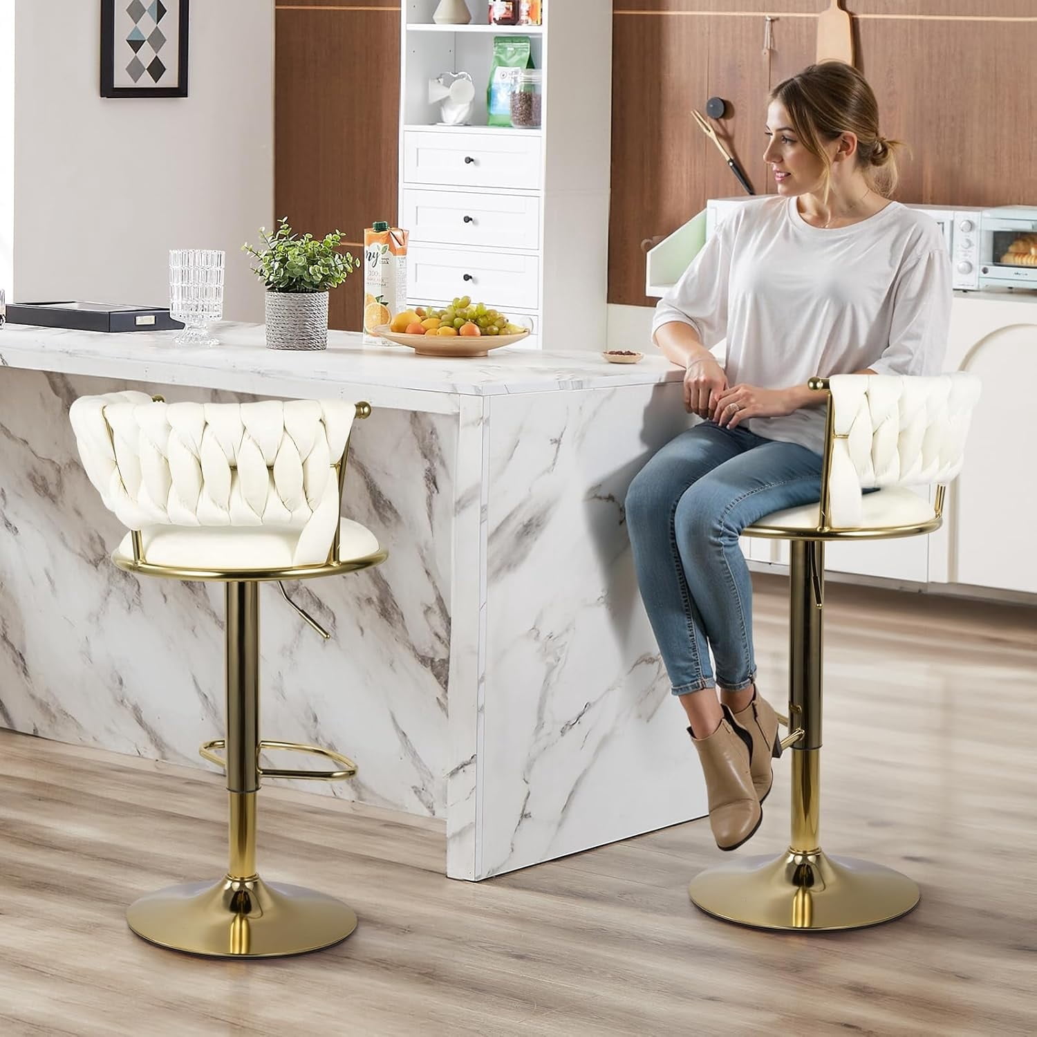Homefun Swivel Velvet Bar Stools Set of 2, Height Adjustable Counter Height Stools with Low Back, Gold Swivel Bar Chairs for Kitchen Island
