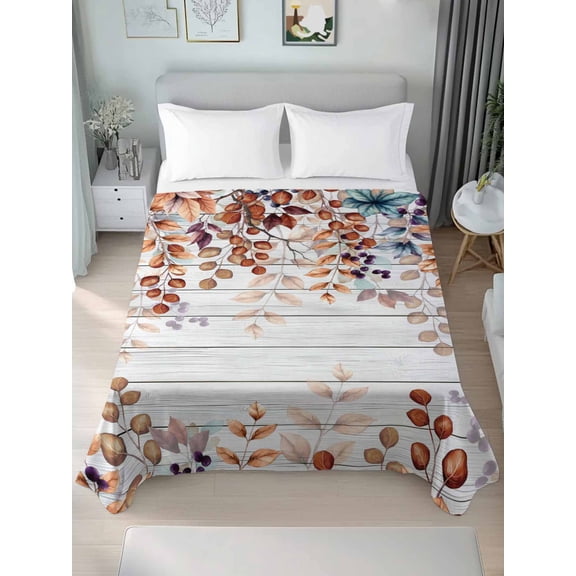 Orange Brown Eucalyptus Leaves Twim XL Size Flat Sheet, Wrinkleproof & Fadeproof Cooling Flat Bed Sheet Only, Botanical Farm Rustic Wood Breathable Soft Bedding Top Sheets 66 x 102 Inches
