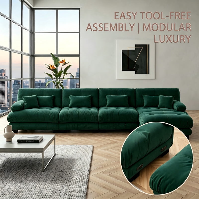 ANPPORT Cloud Couch Sleeper Sofa, Chenille Green 4-Seater Modular Sofa with 1 Ottomans, 4 Lumbar pillows, 2 Pillows, Comfy Deep Seat Cloud Sofa, Convertible L-Shaped Floor Couch for Living Room