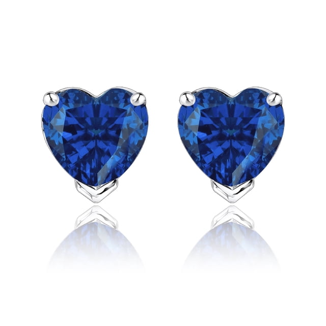 JeenMata Hermosos Aretes Tipo Botón con Zafiro Azul de Talla Corazón de 1 Quilate (Piedra Natal de Septiembre) en Baño de Oro Blanco de 18 K sobre Plata