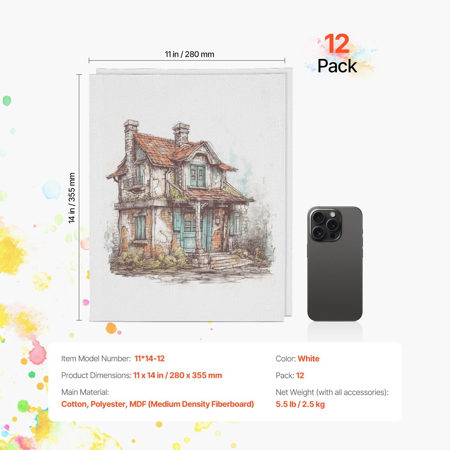 12 Pack 11"x14" White Canvas Boards for Painting, Acrylic Oil Watercolor Sketching, Panels for Kids & Professionals