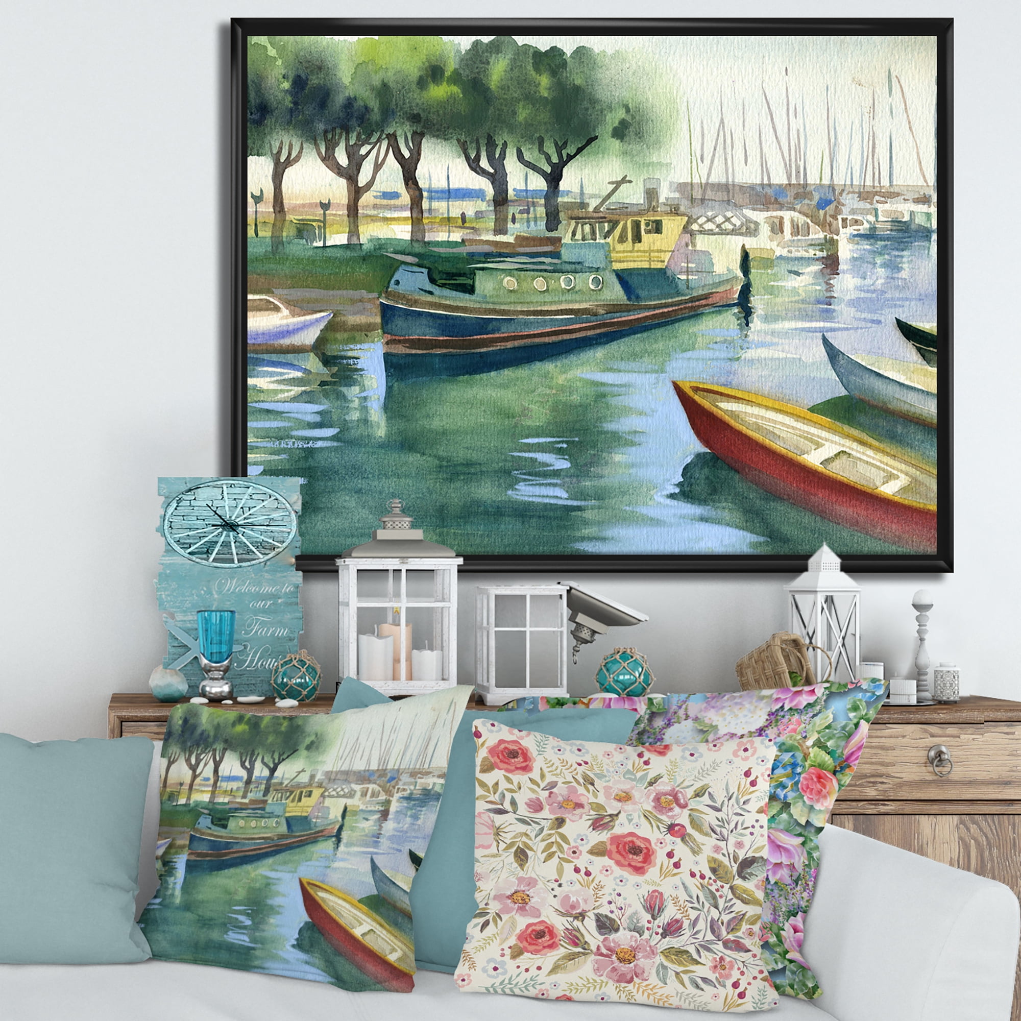 Designart 'Boats At The Lake in Green Spring' Traditional Framed Canvas Wall Art Print