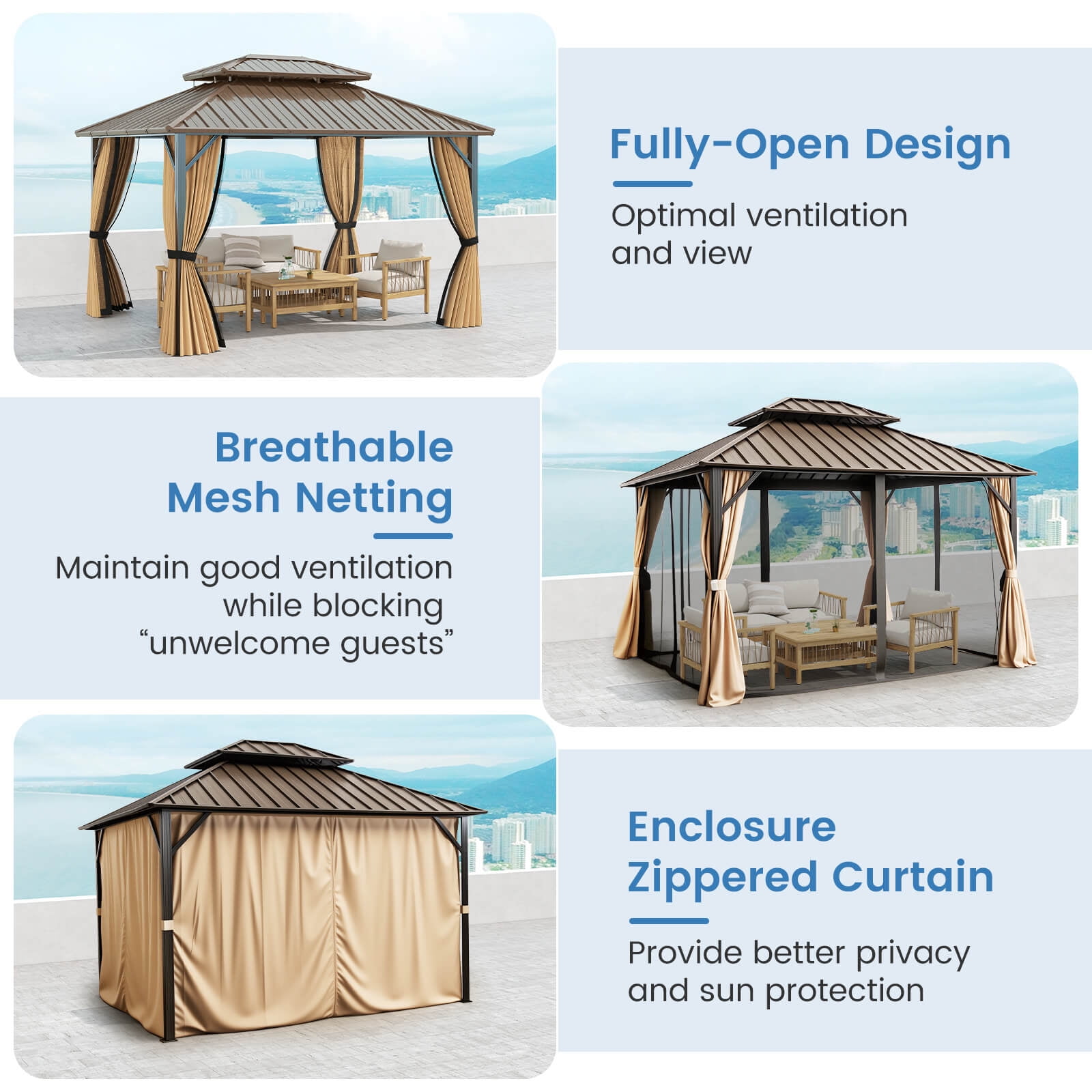 Costway 12 x 10 FT Hardtop Gazebo with Netting Heavy-Duty Double-Roof Galvanized Metal Top