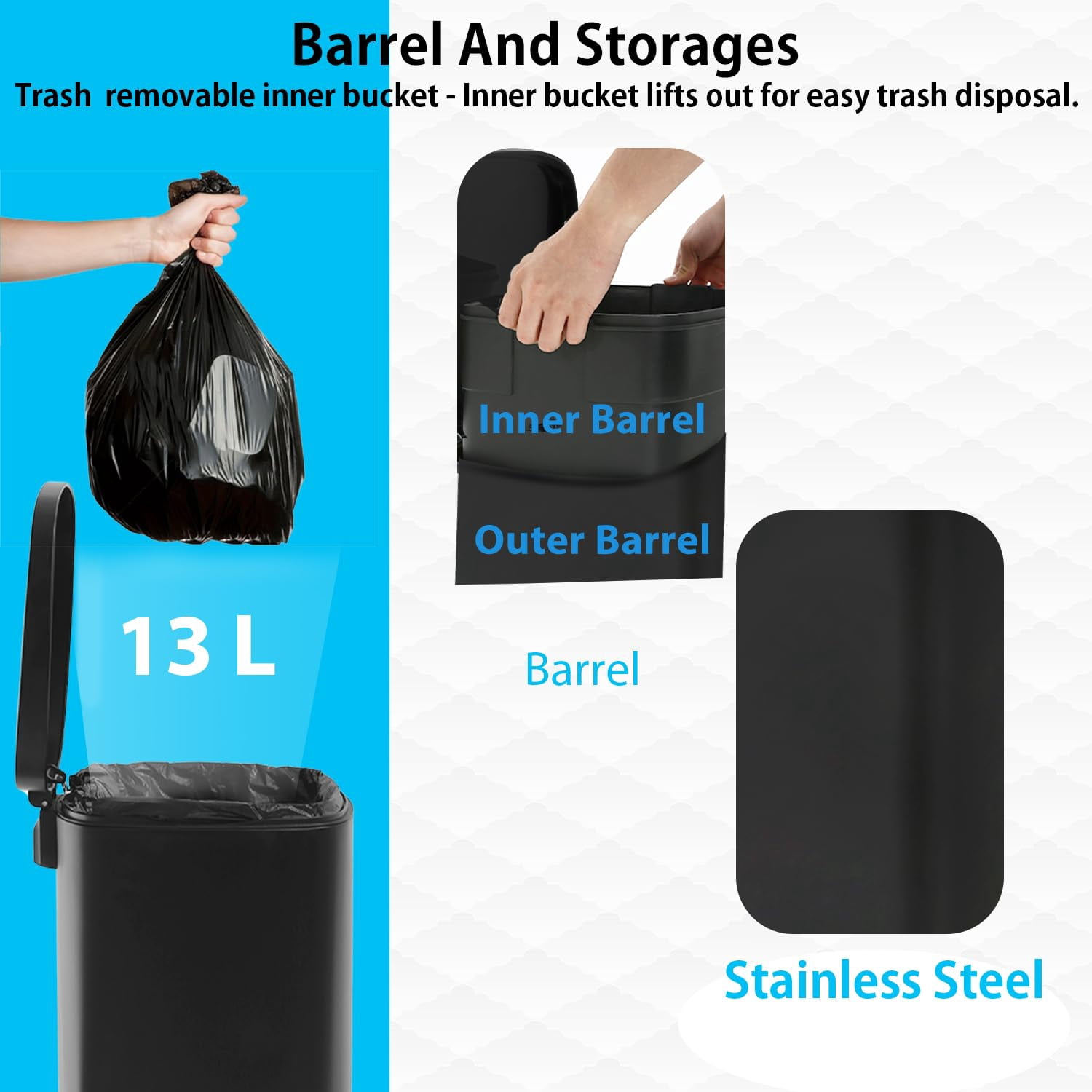 13 Gallon Trash Can Kitchen Trash Can Soft Close Lid Garbage Can with Lid Stainless Steel Trash Bin Hands-Free Footed Garbage Bin for Kitchen Bathroom Wateproof Trashcan, Black