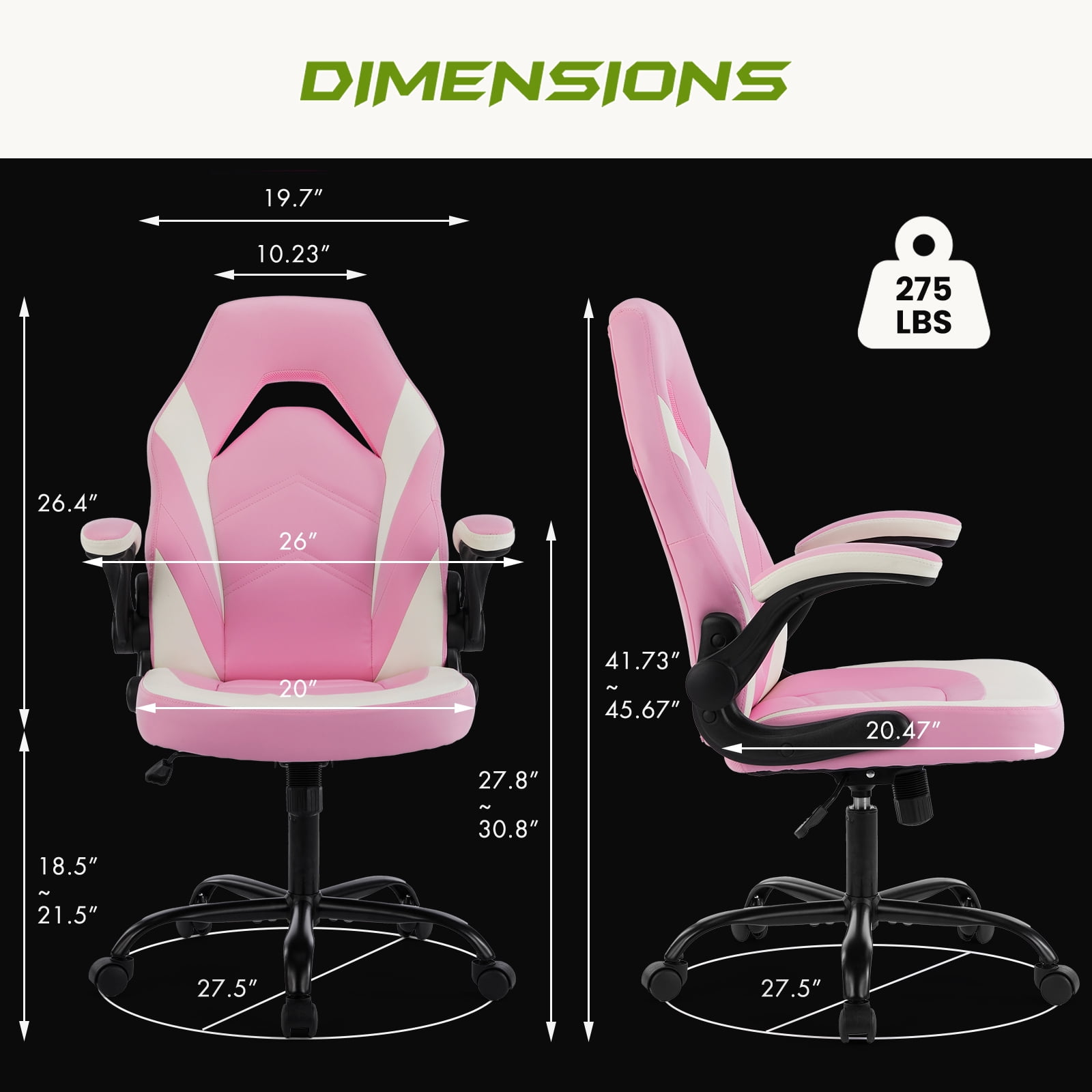 GIANNA Computer Gaming Desk Chair, Ergonomic Office Executive Adjustable Swivel PU Leather Racing Chair with Flip-up Armrest, Pink White