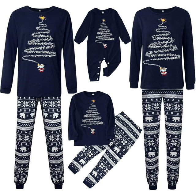 Family Christmas Pajamas Set Festival Santa Tree Graphic Print Long Sleeve Two Pieces Sleepwear Loungewear Pjs