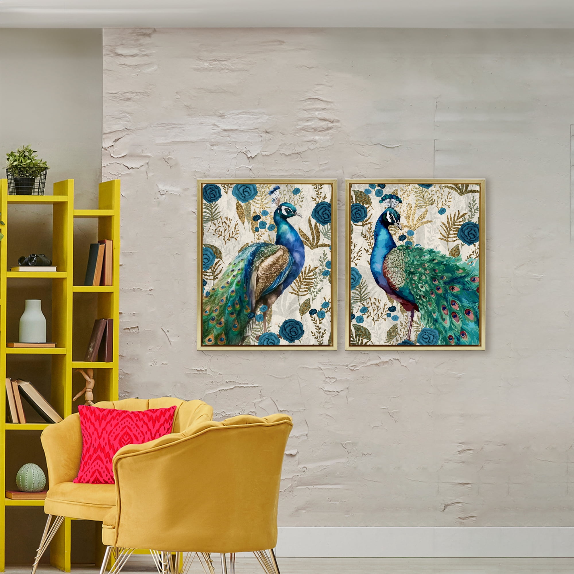 Stupell Industries Floral Peacock Pride 2 Piece Gold Framed Floater Canvas Set, design by Kim Allen