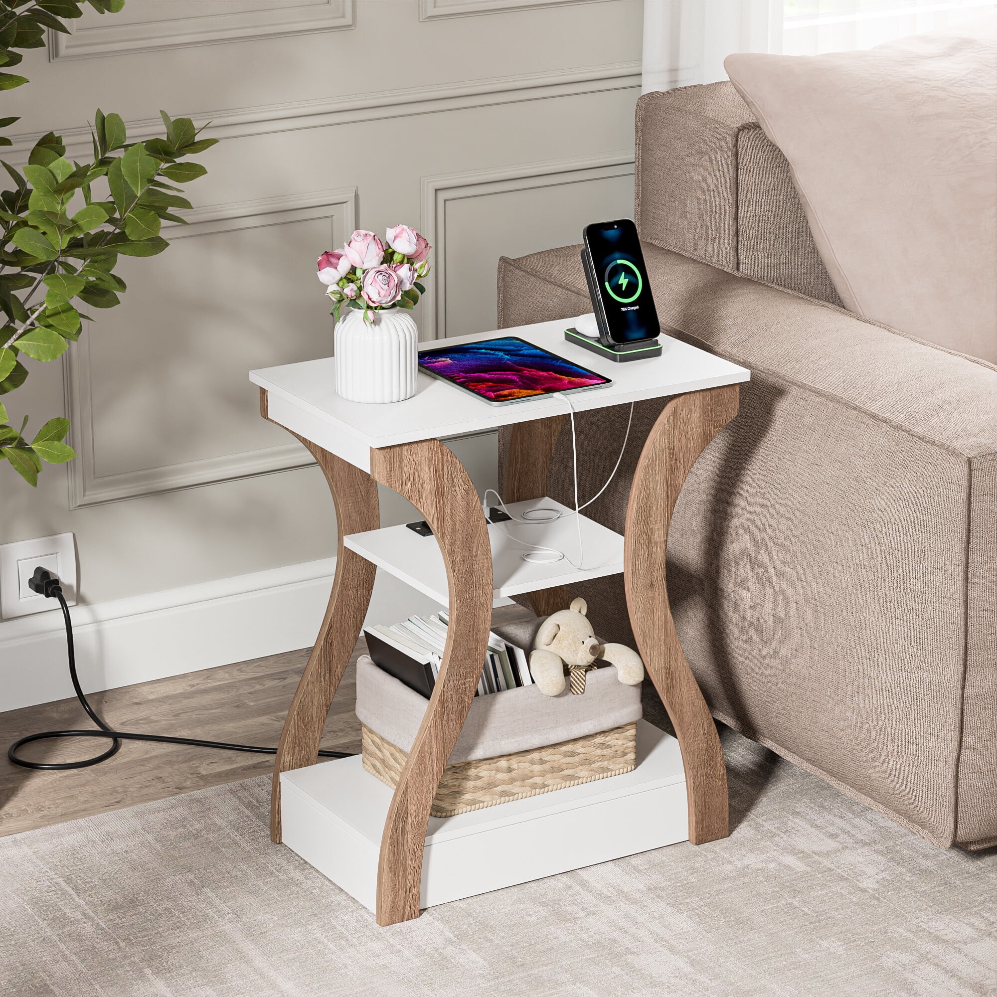 ZENY End Table with Charging Station, Bedside Table with USB, 3 Tier Side Table Nightstand with Storage Shelf for Living Room Bedroom Natural White