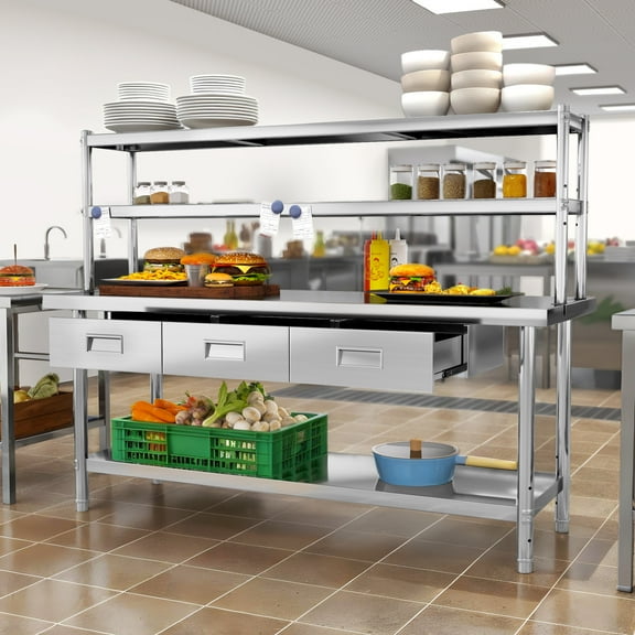 Uforic Stainless Steel Work Table with 3 Drawers, Adjustable Overshelves, 72" x 24", Commercial-Grade, NSF Certified Metal Prep Table for Home Business