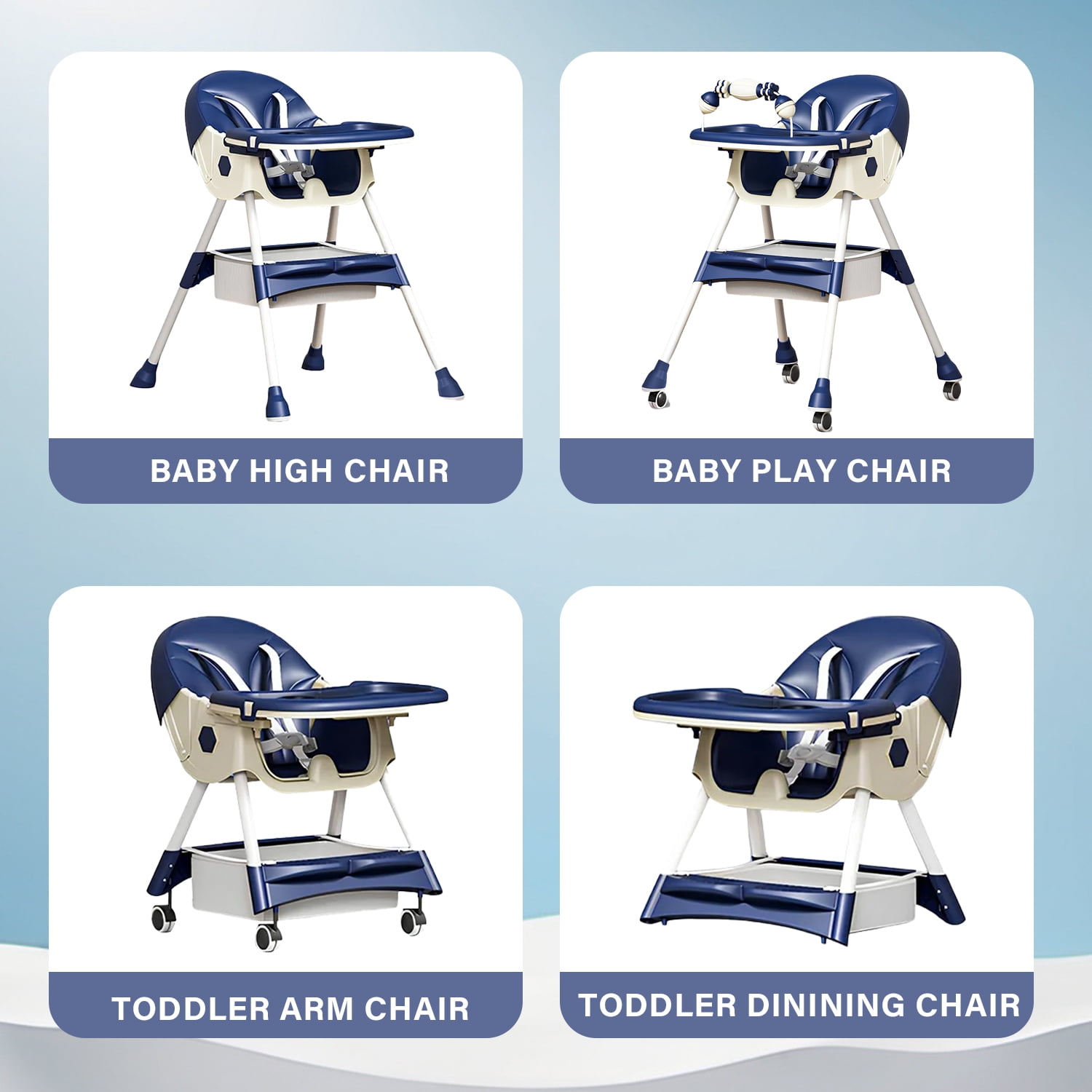XunKA 4-in-1 Baby High Chair, Convertible Feeding Chair for Infant with Double-Layer Dinner Plate and Toy Rack for 6 Months to 3 Years, Blue