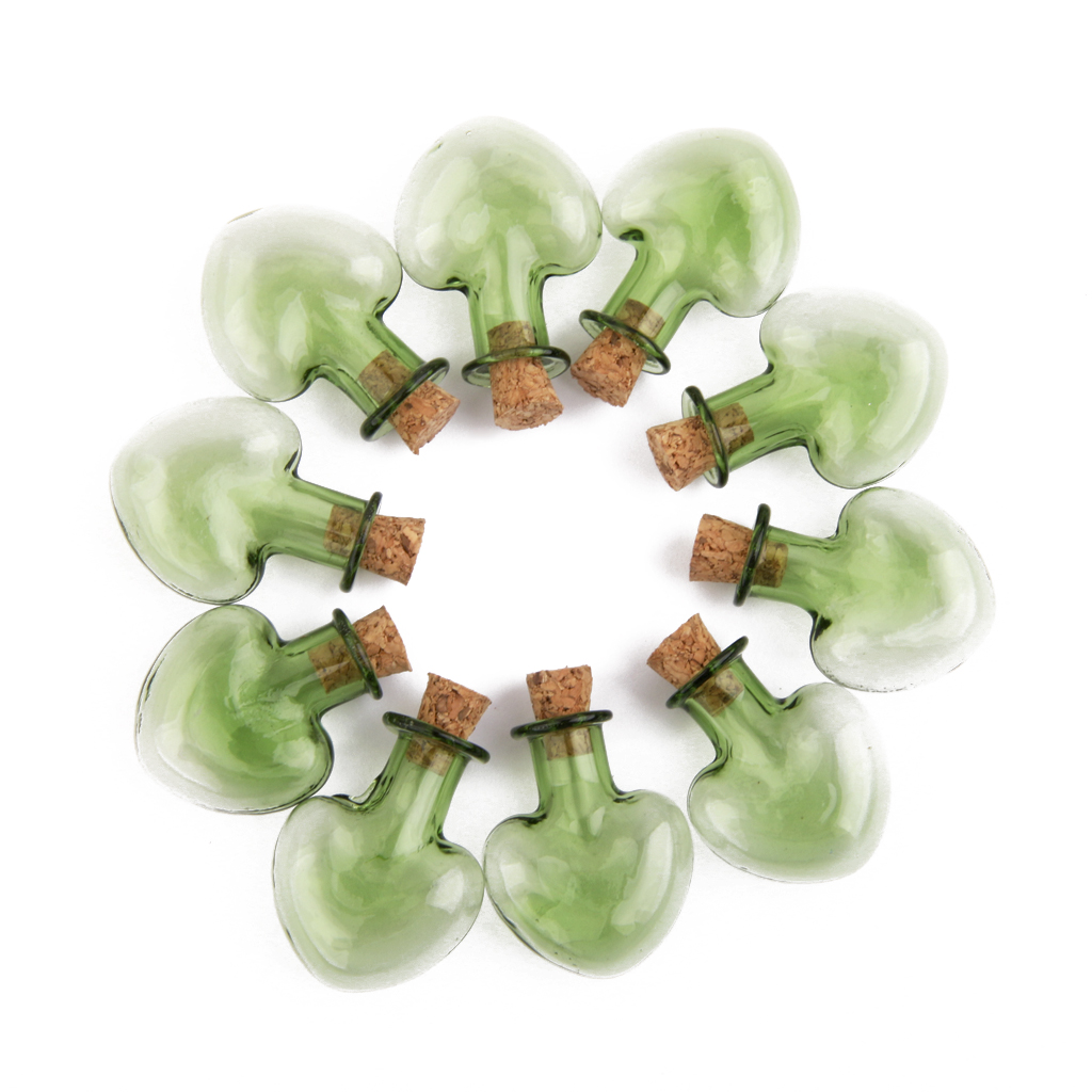 10 Mini Green Heart Shape Cork Stopper Glass Vials Jars Wish Message Bottles 