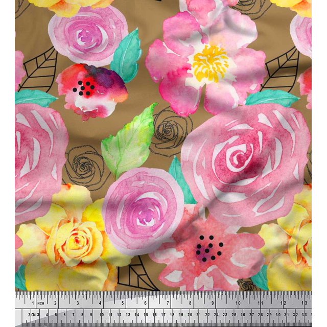 Soimoi Tissu en Soie Feuilles & Roses Imprimé Floral 1 Yard 42 Pouces de Large