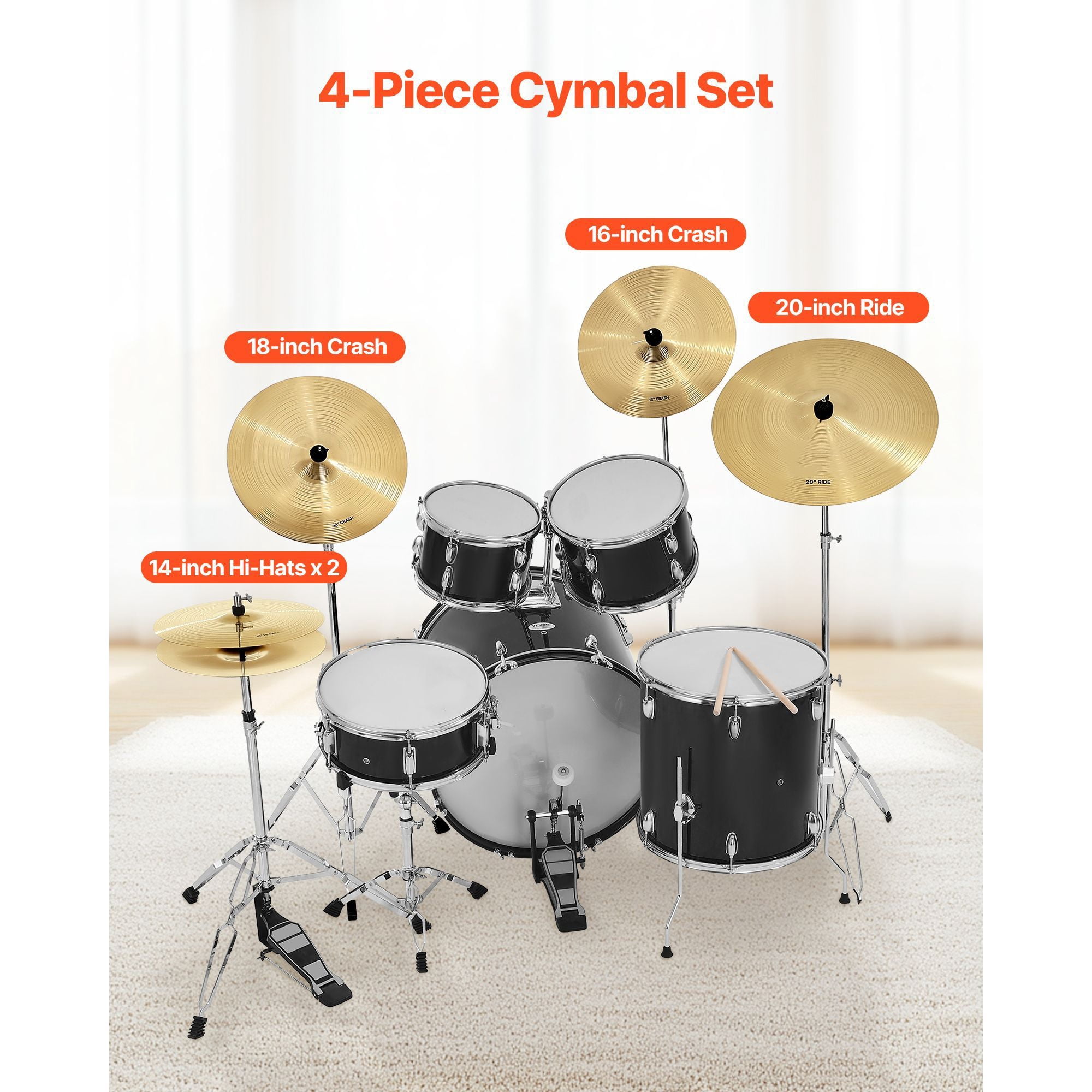 Cymbal Pack, 4 Pieces Cymbals for Drum Set, Alloy Cymbals Drum Set Includes 14-inch Hi-Hats, 16-inch Crash, 18-inch Crash, 20-inch Ride, Drumsticks & Cymbal Bag, Alloy Cymbal Pack for Drummer