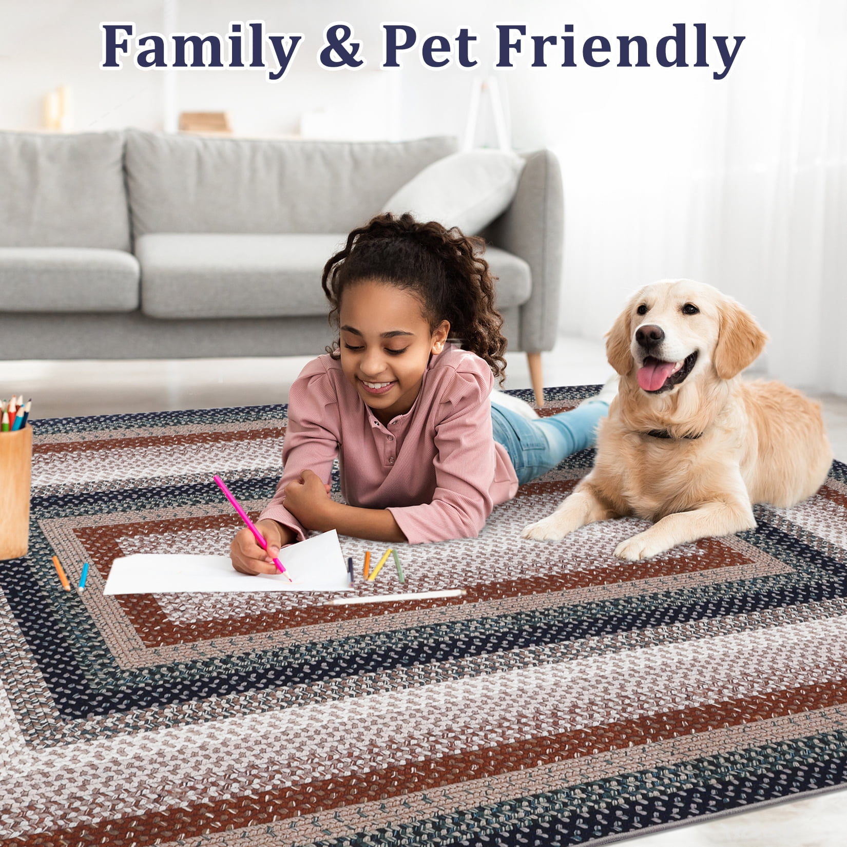 Garvee Modern Washable Braided Print Rugs, 8'x10' Non Slip Farmhouse Floor Carpet Boho Geometric Area Rug for Living Room Bedroom, Blue
