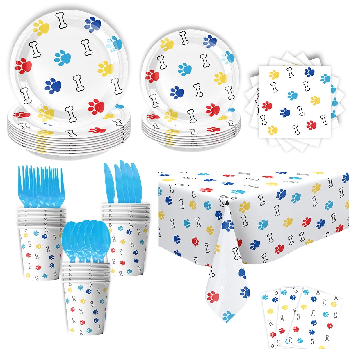 Colorful puppy paw print party decorations, birthday party supplies, disposable tableware sets