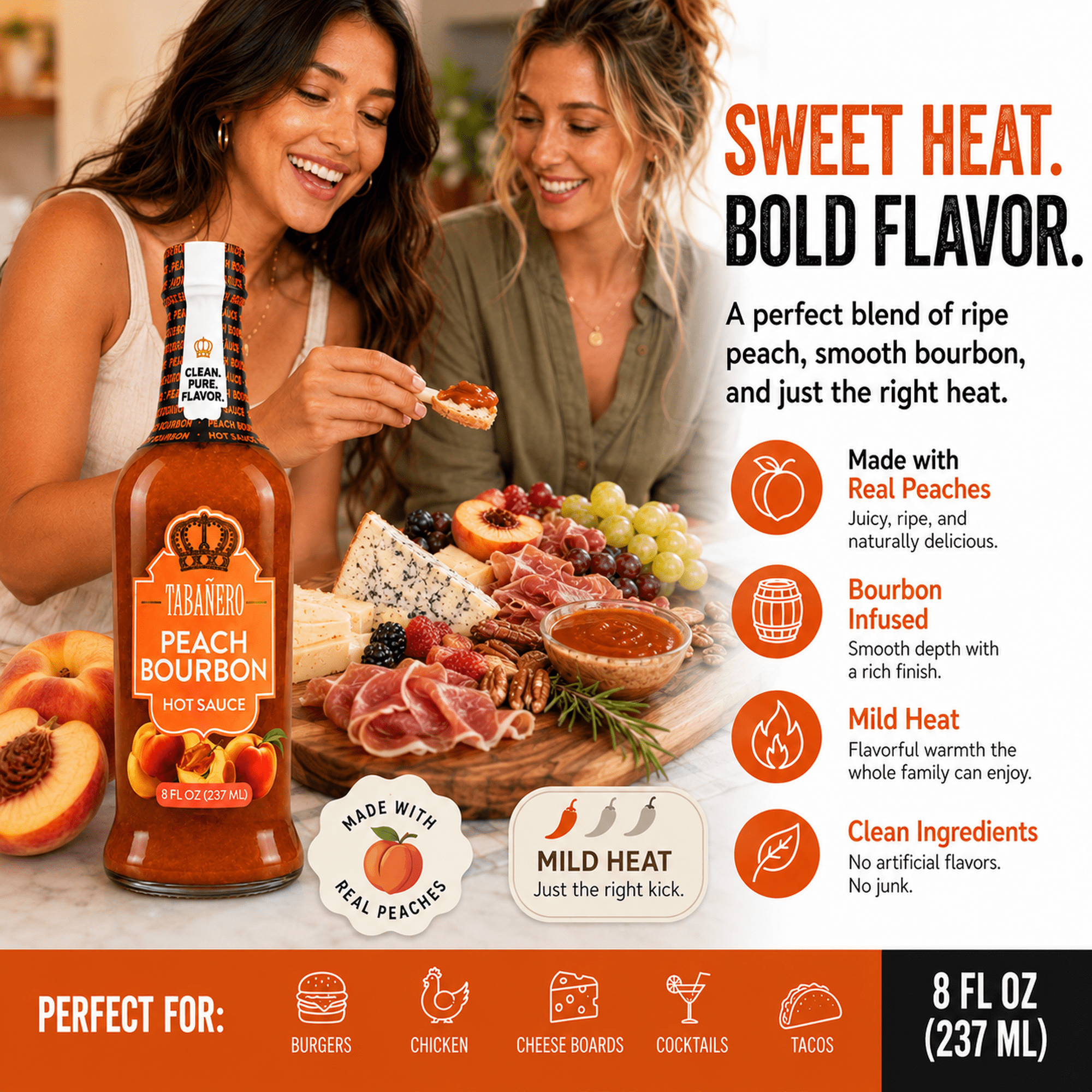 (2 pack) Tabanero Peach Bourbon Hot Sauce, Southern Sweet Heat, Mild, 8 oz