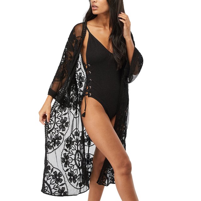 Minnieouse Vestido veraniego de poliéster con abertura frontal de encaje para mujer, traje de baño para caminar en la playa para mujer, vestido Vestidos Negro