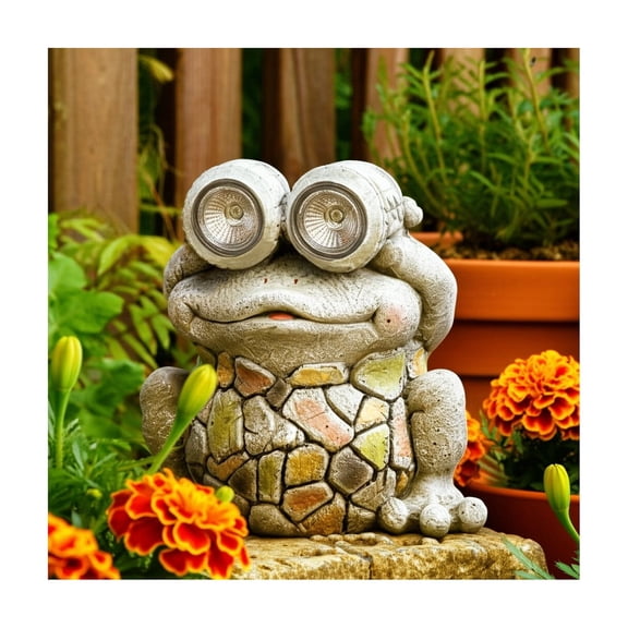 Decorative Frog Statue with Solar Goggles for Garden Decor - Figurine for Front Porch, Patio Accent, and Backyard Decor - Garden Yard Art for Flower Bed or Sunroom - 12", Gray & Yellow